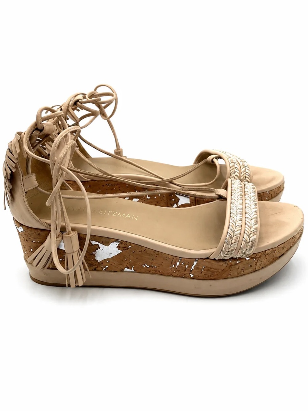 Stuart Weitzman Beige Braided Cork Wedge Sandals with Ankle Tie